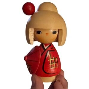 Vintage Japanese Kokeshi Doll Wooden Hand Painted Red Kimono Parasol Folk Art